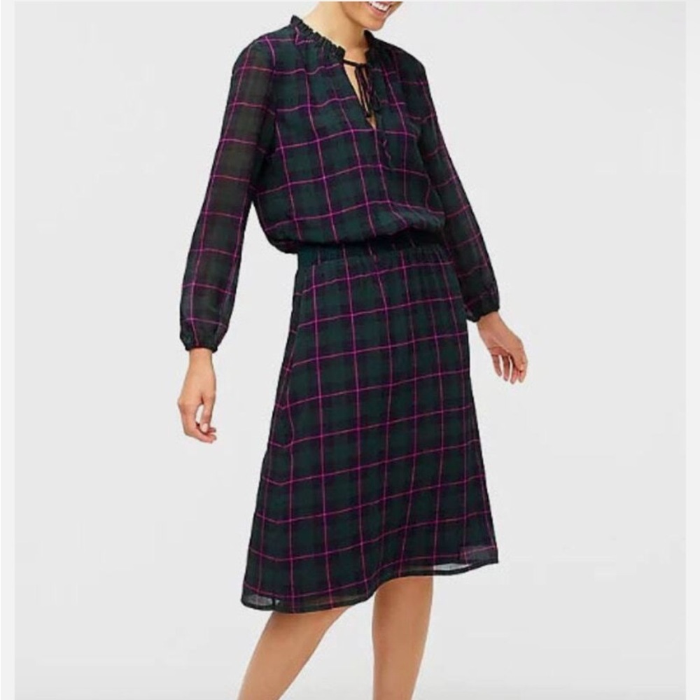 J. Crew Green Pink Navy Plaid Ruffle Tie Collar Puff Sleeve Midi Dress - Picture 4 of 10